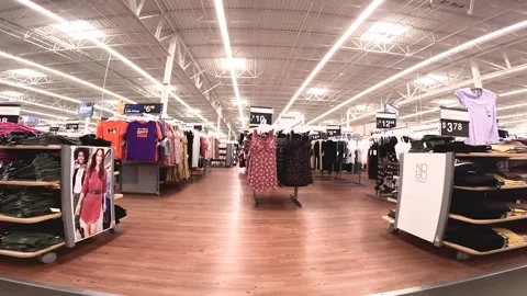 Walmart super center interior long pan apparel area seasonal change to Wint.. Stock Footage 248313822
