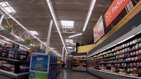 Walmart super center interior lunchmeat wall . Stock Footage 157659769