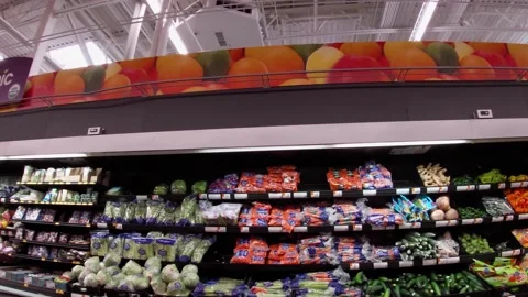 Walmart super center interior Pan of produce wet wall Stock Footage 157659936