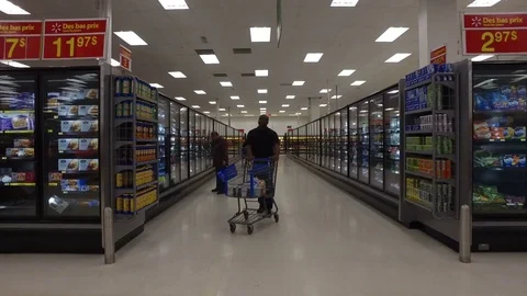 Walmart Superstore Steadicam Flow Through Refrigerated Drink Aisle Video stock 75820157