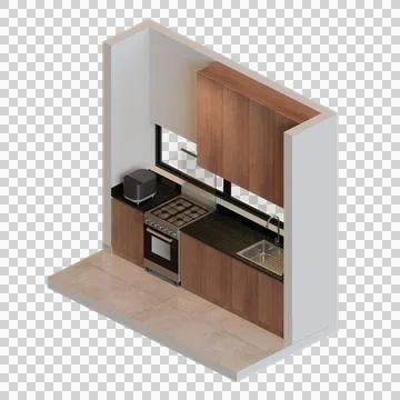 Walnut And Black Isometric Kitchen Interior 3D Render Illustration Stock Illustration