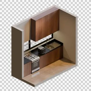 Walnut And Black Isometric Kitchen 3D Render Illustration Stock Illustration