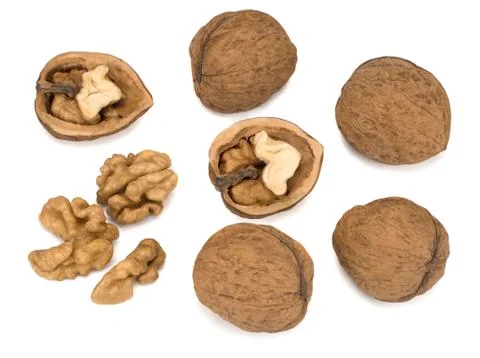 Walnut and cracked walnut isolated on white background Stock Photos