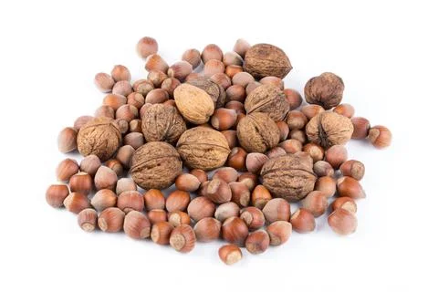 Walnut and hazelnut on white background Foto stock