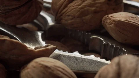 Walnut and nutcracker background scene 4K extreme close up stock footage Stock Footage 84536635