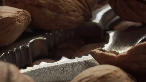 Walnut and nutcracker background scene 4K extreme close up stock footage Stock Footage 84537841