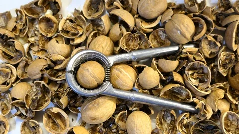 Walnut And Shell With Nutcracker On White Table Panning Slider Shot Top View.. Stock Footage 124374987