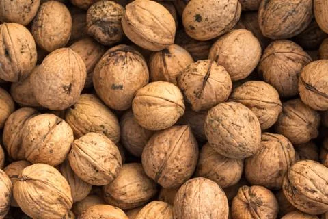 Walnut background, scattered pile of walnuts. Walnuts of Juglans regia. Stock-Fotos
