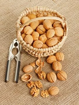 Walnut in basket and nut cracker Foto stock