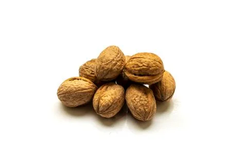 Walnut brown nut closeup on white background. Stock Photos