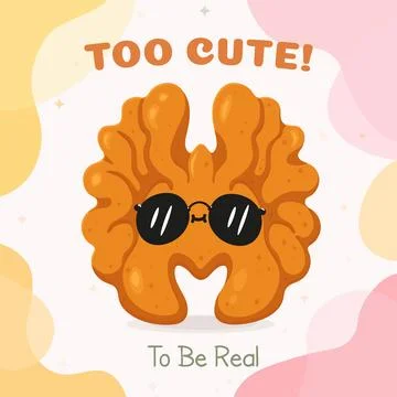 Walnut character wearing sunglasses with text Too Cute To Be Real Stock Illustration