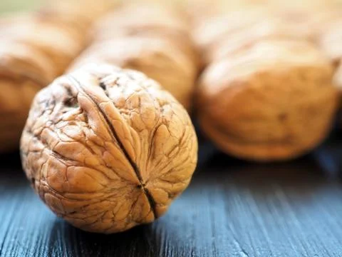 Walnut close-up on a background of nuts 库存照片