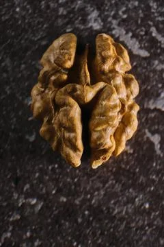 Walnut close up macro on black background. Stock Photos