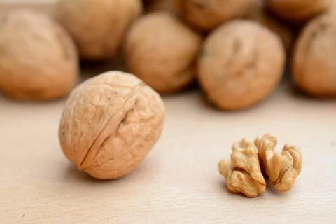 Walnut kernel and whole walnut closeup. Shallow depth of field. Stock Photos