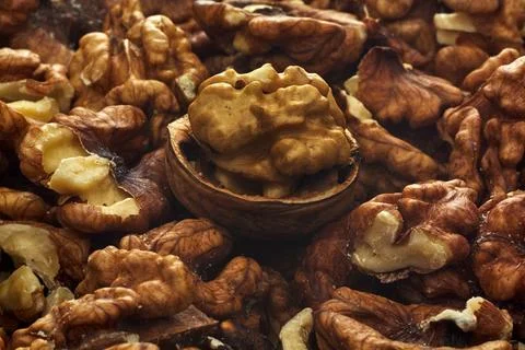 Walnut Kernel Background with Shelled Nuts Close Up Food Texture Stock Photos