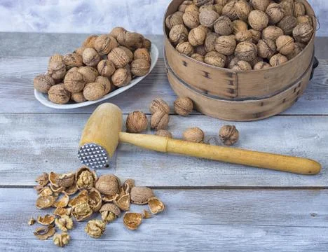Walnut kernels and whole walnuts on the rustic grunge  table. Stock Photos