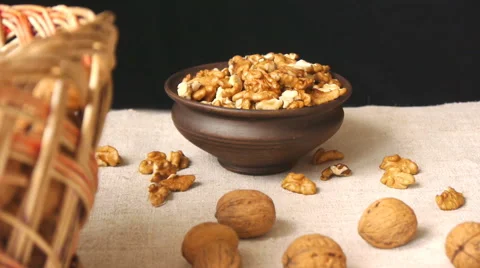 Walnut Kernels In The Clay Bowl Stock Footage 65774188