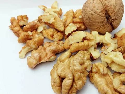 Walnut kernels close up with whole walnut Stock Photos