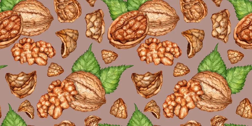 Walnut kernels shell and leaves pattern on brown background in watercolor Stock Illustration