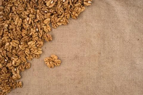 Walnut kernels walnuts on burlap. Photos