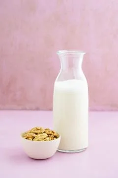 Walnut milk in a bottle Stock Photos