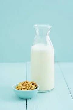 Walnut milk in a bottle Stock Photos