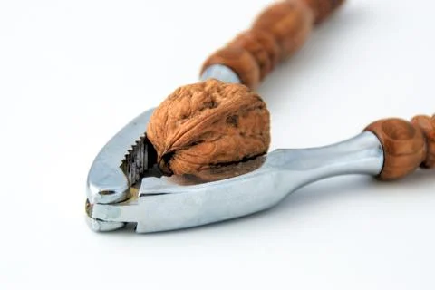 Walnut with nutcracker isolated on white with text space Foto stock