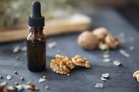 Walnut Oil in Dropper Bottle Stock Photos
