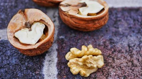 Walnut . open walnut. close walnut Stock Photos