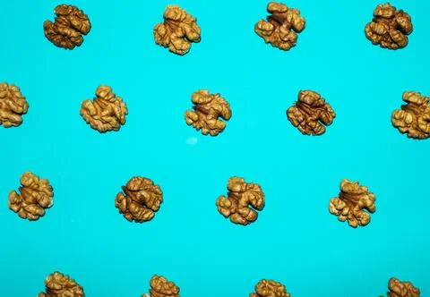 Walnut pattern on a blue background Stock Photos