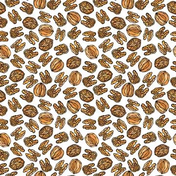 Walnut Seamless Endless Pattern. Whole and Peeled Walnuts. Autumn or Fall Har Stock Illustration