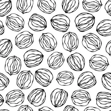 Walnut Seamless Endless Pattern. Whole and Peeled Walnuts. Autumn or Fall Har 스톡 일러스트