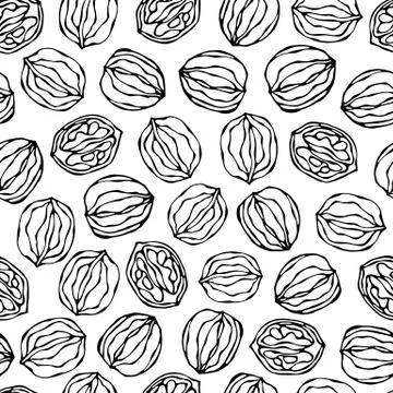 Walnut Seamless Endless Pattern. Whole and Peeled Walnuts. Autumn or Fall Har Stock Illustration