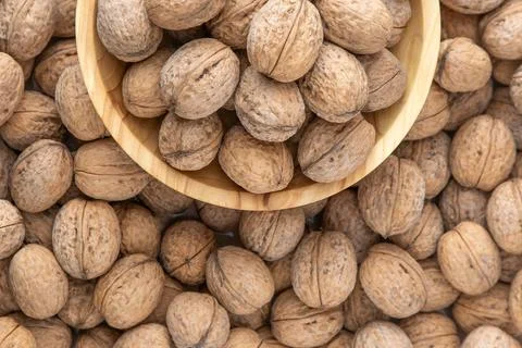 Walnut in shell. Background view from above. Healthy food bowl top view. Stock Photos