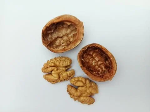 Walnut shells and kernels isolated on white background Foto stock