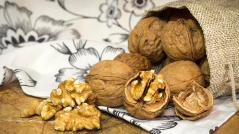 Walnut shells and walnuts kernels in burlap sack on top of marble countertop Stock Photos