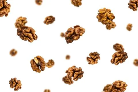 Walnut on a white background. Flying walnut. Stock Photos