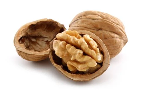 Walnuts and cracked walnut isolated on white Stock Photos
