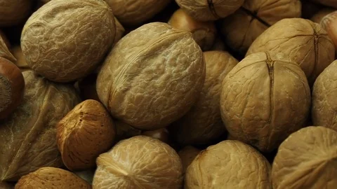 Walnuts and hazelnuts closeup pano Stock Footage 71115743