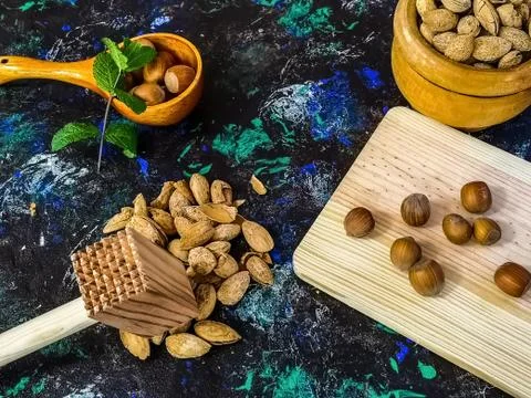 Walnuts and hazelnuts in composition on dark background Stock Photos