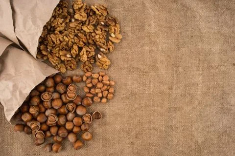Walnuts and hazelnuts in the paper on the sacking. Stock Photos