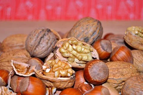 Walnuts and hazelnuts Stock Photos