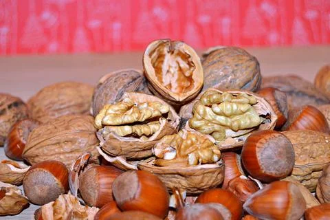 Walnuts and hazelnuts Stock Photos