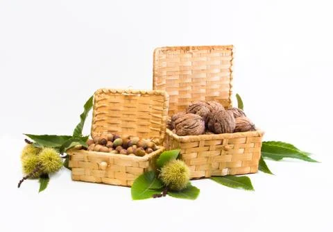 Walnuts and hazelnuts in a wicker basket Stock Photos