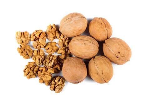 Walnuts and kernels isolated on white background Stock Photos