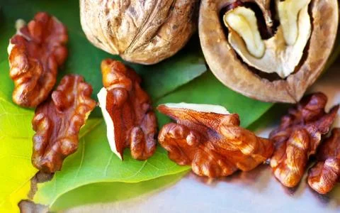 Walnuts and leaves on table Stock Photos