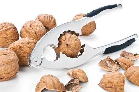 Walnuts and nutcracker on white Stock Photos