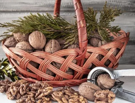 Walnuts and peeled walnut kernels near the wicker basket. Stock Photos