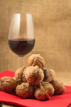 Walnuts and red wine Stock Photos