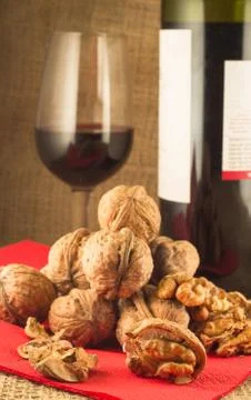 Walnuts and red wine Stock Photos